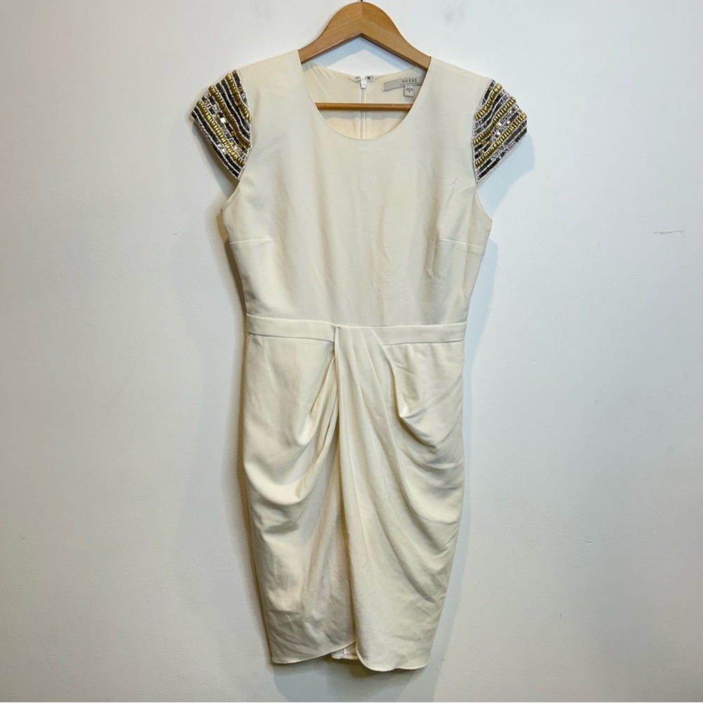 Guess Beaded Cap Sleeve Gathered Mini Dress Cream